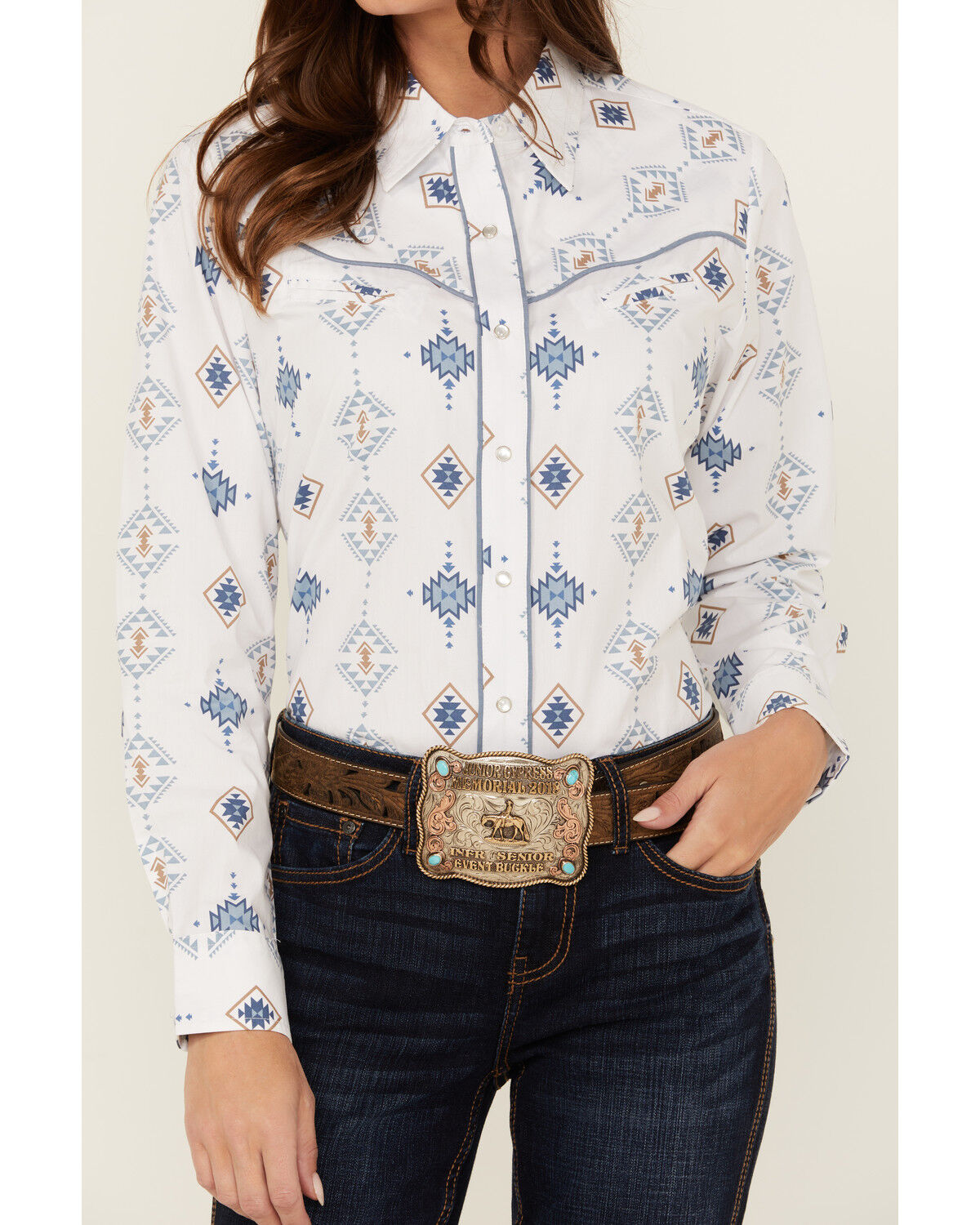 Image #3 - Ely Walker Women's Southwestern Print Long Sleeve Pearl Snap Western Shirt, White, hi-res