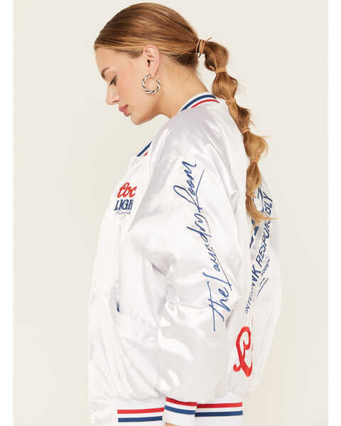 Image #2 - The Laundry Room Women's Faux Satin Coors Light Bomber Jacket , White, hi-res