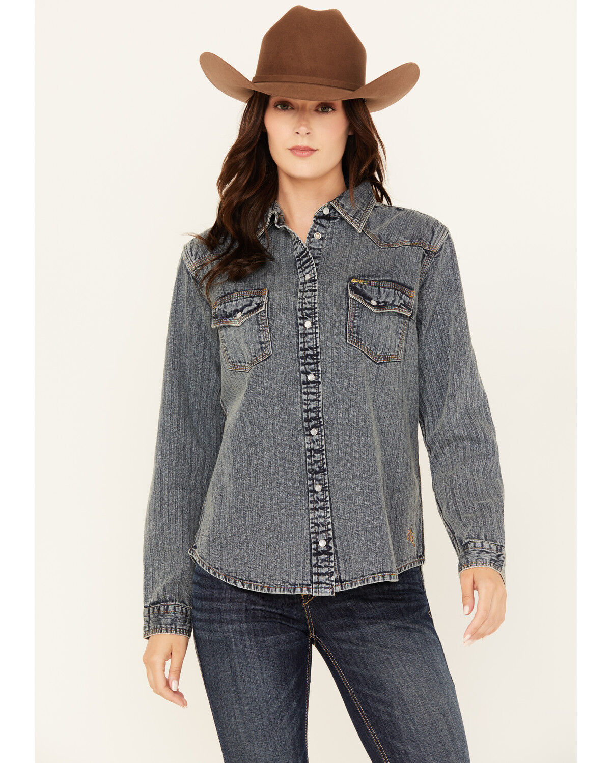 Image #1 - STS Ranchwear By Carroll Women's Duke Long Sleeve Snap Denim Western Shirt, Medium Wash, hi-res