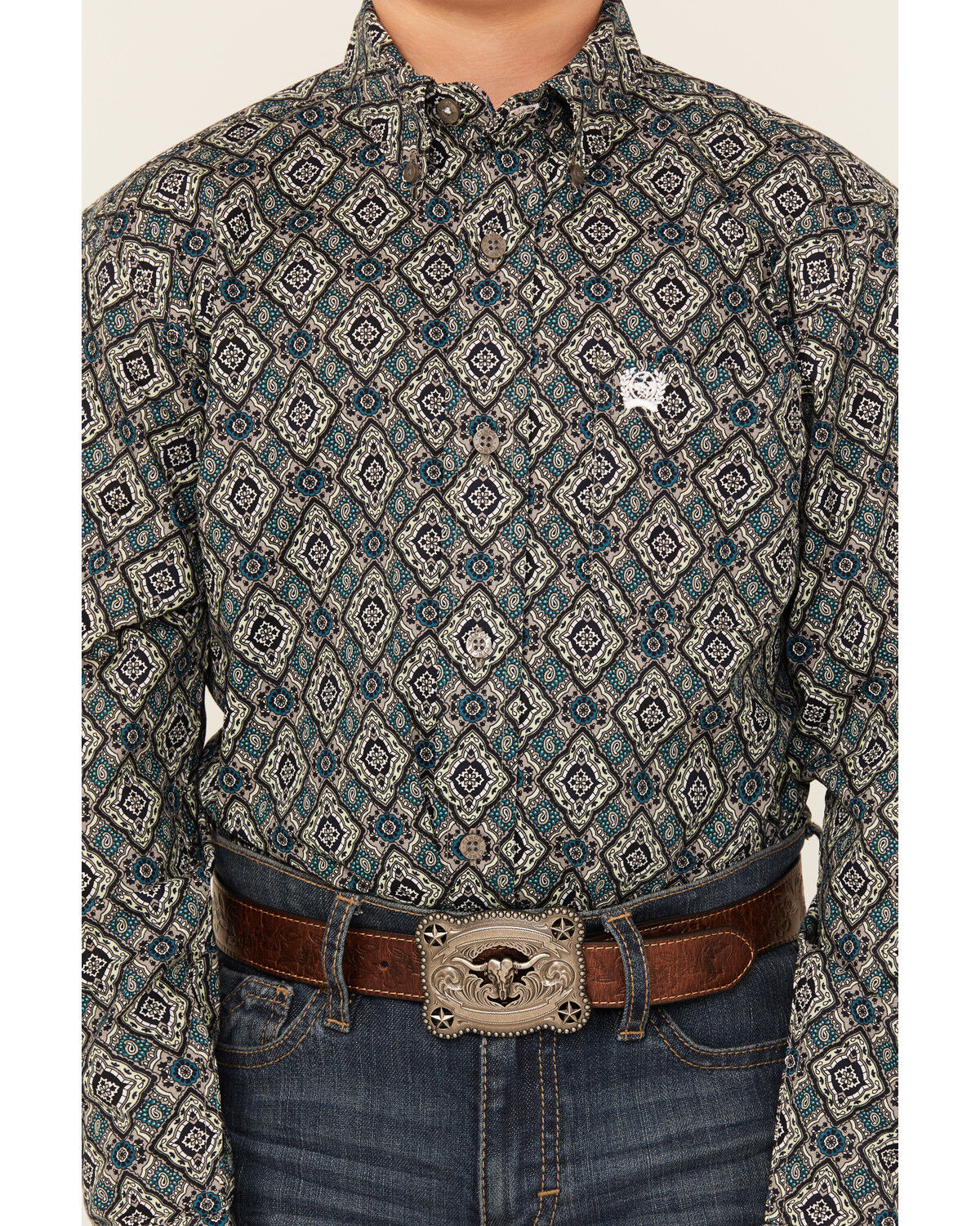 Image #3 - Cinch Boys' Geo Print Long Sleeve Button-Down Western Shirt, Grey, hi-res