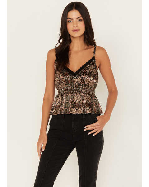 Shyanne Women's Southwestern Print Lace Cami Top, Taupe, hi-res
