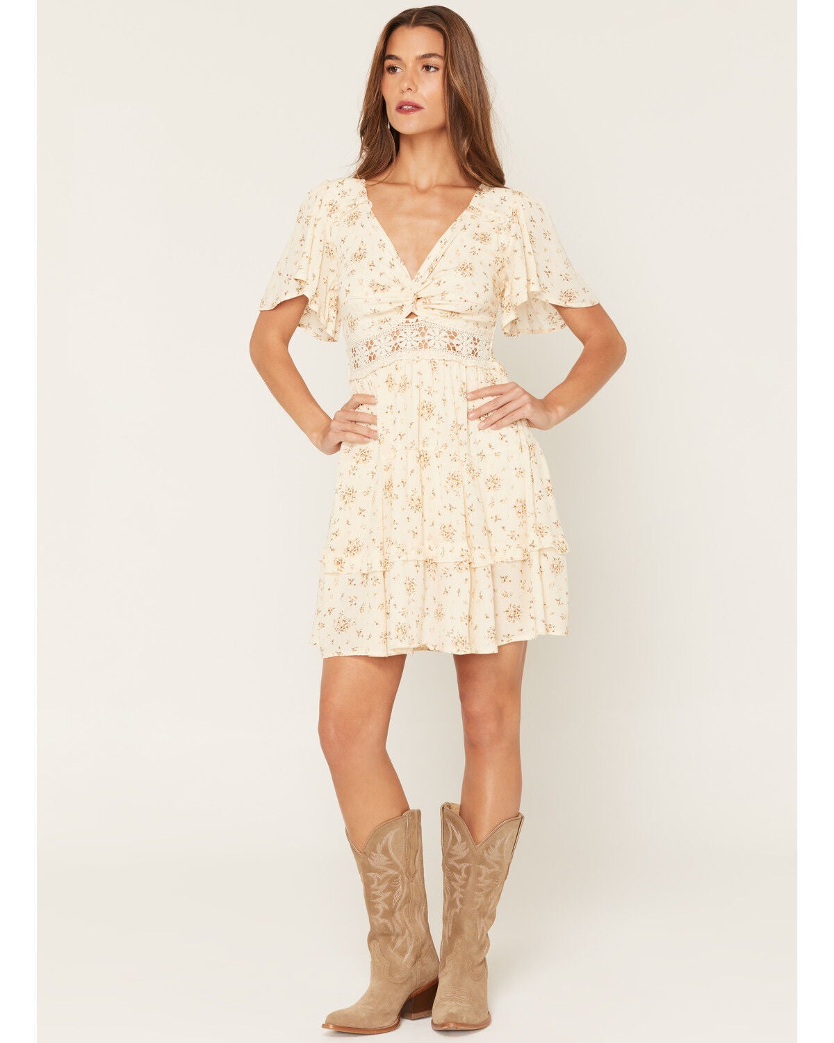 Wild Moss Women's Floral Print Crochet Inset Mini Dress, Cream, hi-res