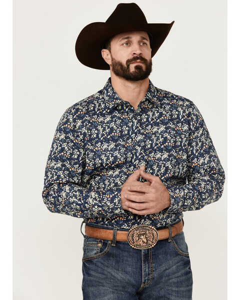 Image #1 - Gibson Trading Co Men's Shin Dig Floral Print Long Sleeve Button-Down Western Shirt , Navy, hi-res