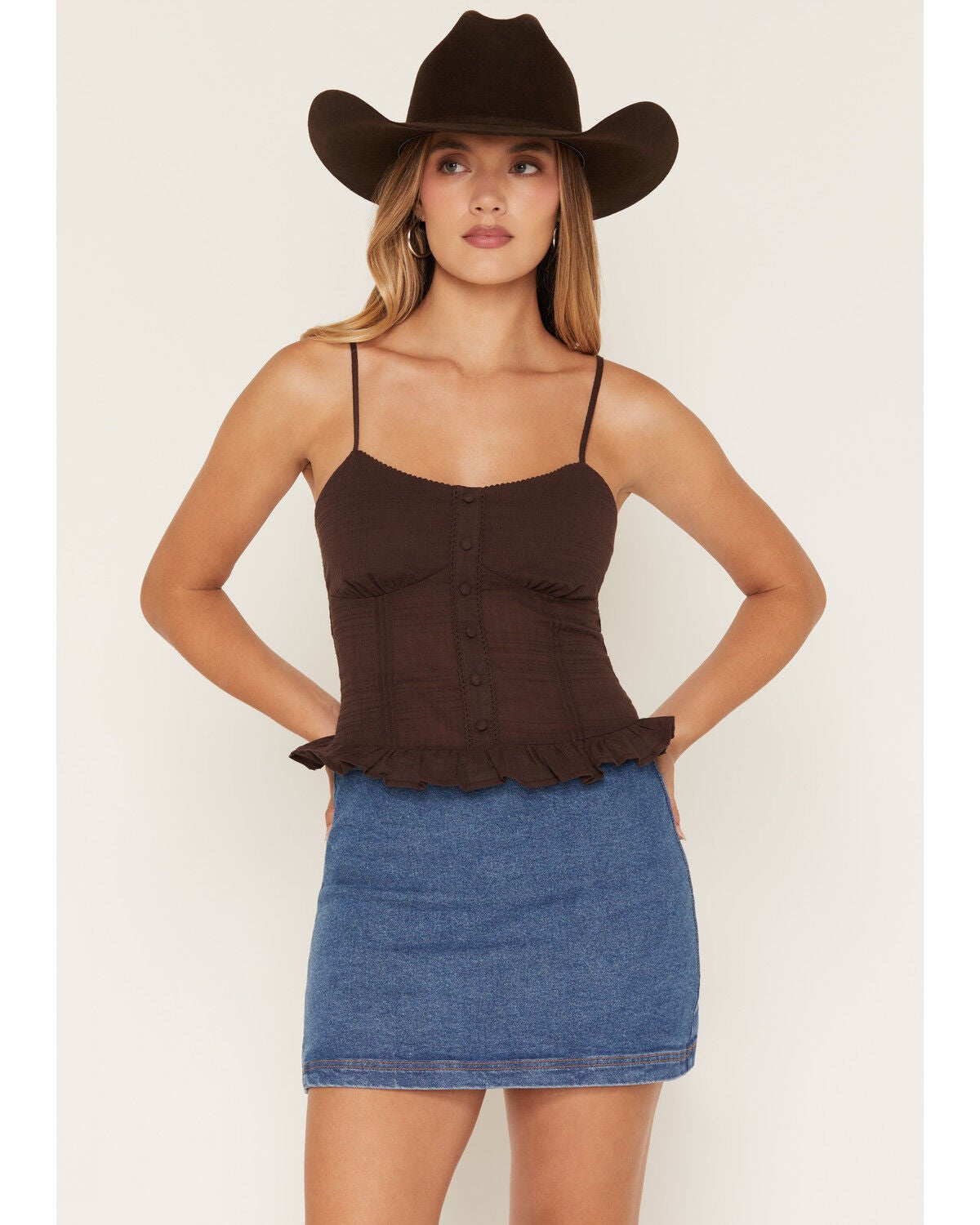 Image #1 - Cleo + Wolf Women's Sleeveless Button-Front Ruffle Hem Cami, Brown, hi-res