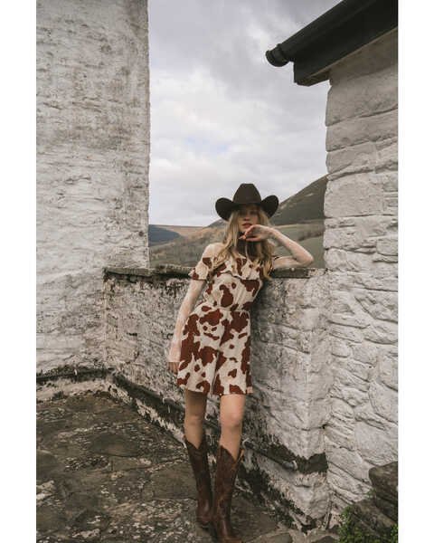 Image #1 - Idyllwind Women's Made For This Off-Shoulder Cow Print Dress, Tan, hi-res