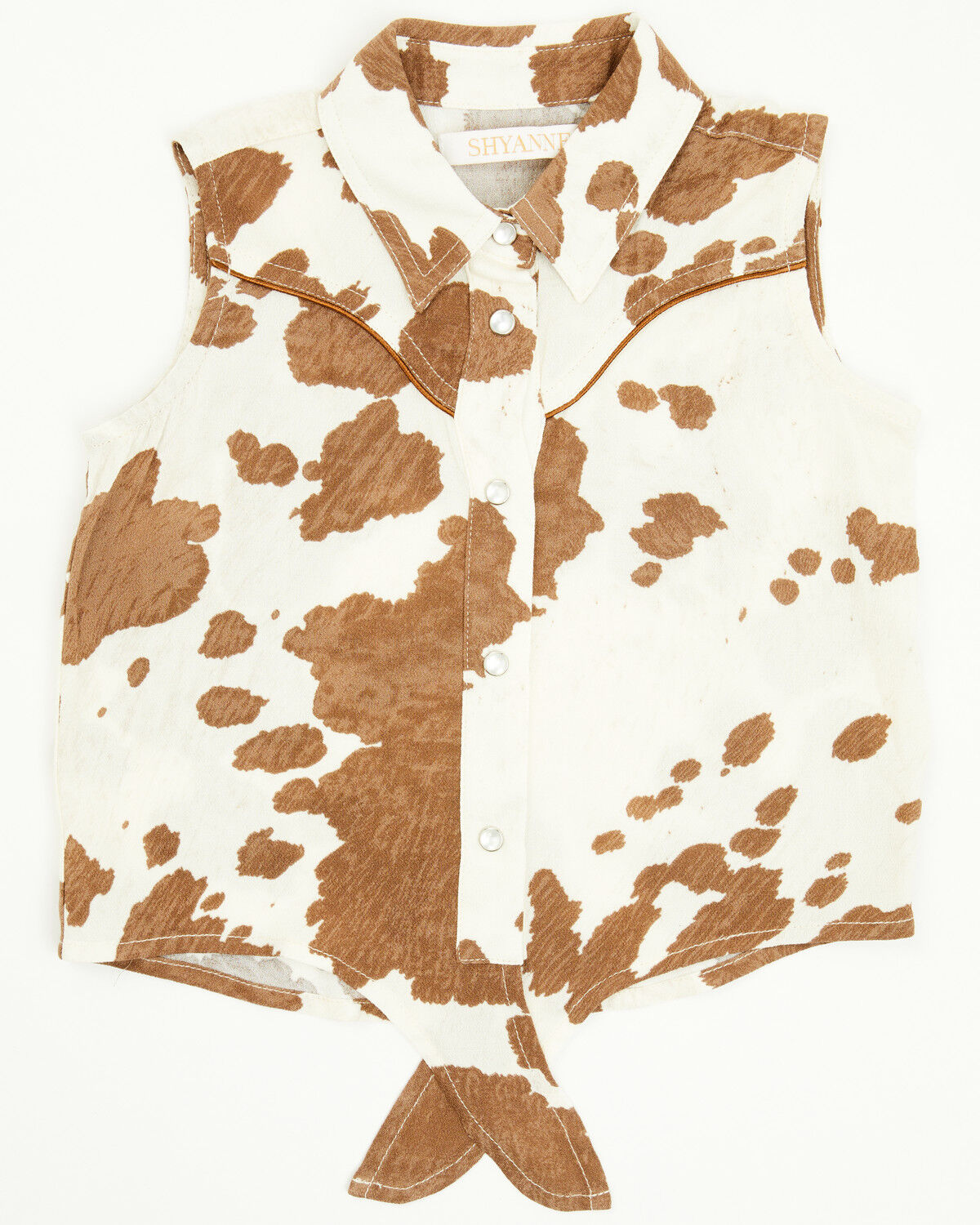 Image #1 - Shyanne Toddler Girls' Cow Print Sleeveless Snap Tie Front Shirt, Coffee, hi-res