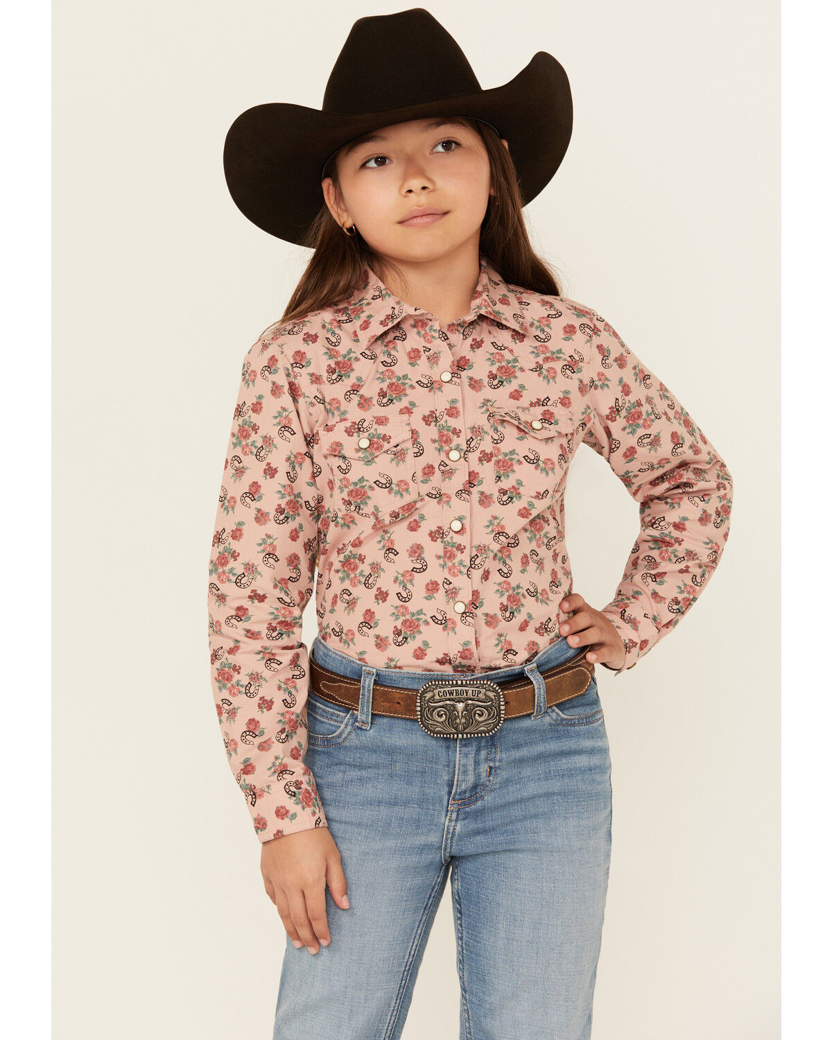 Image #1 - Ariat Girls' Floral Print Long Sleeve Snap Western Shirt, Multi, hi-res