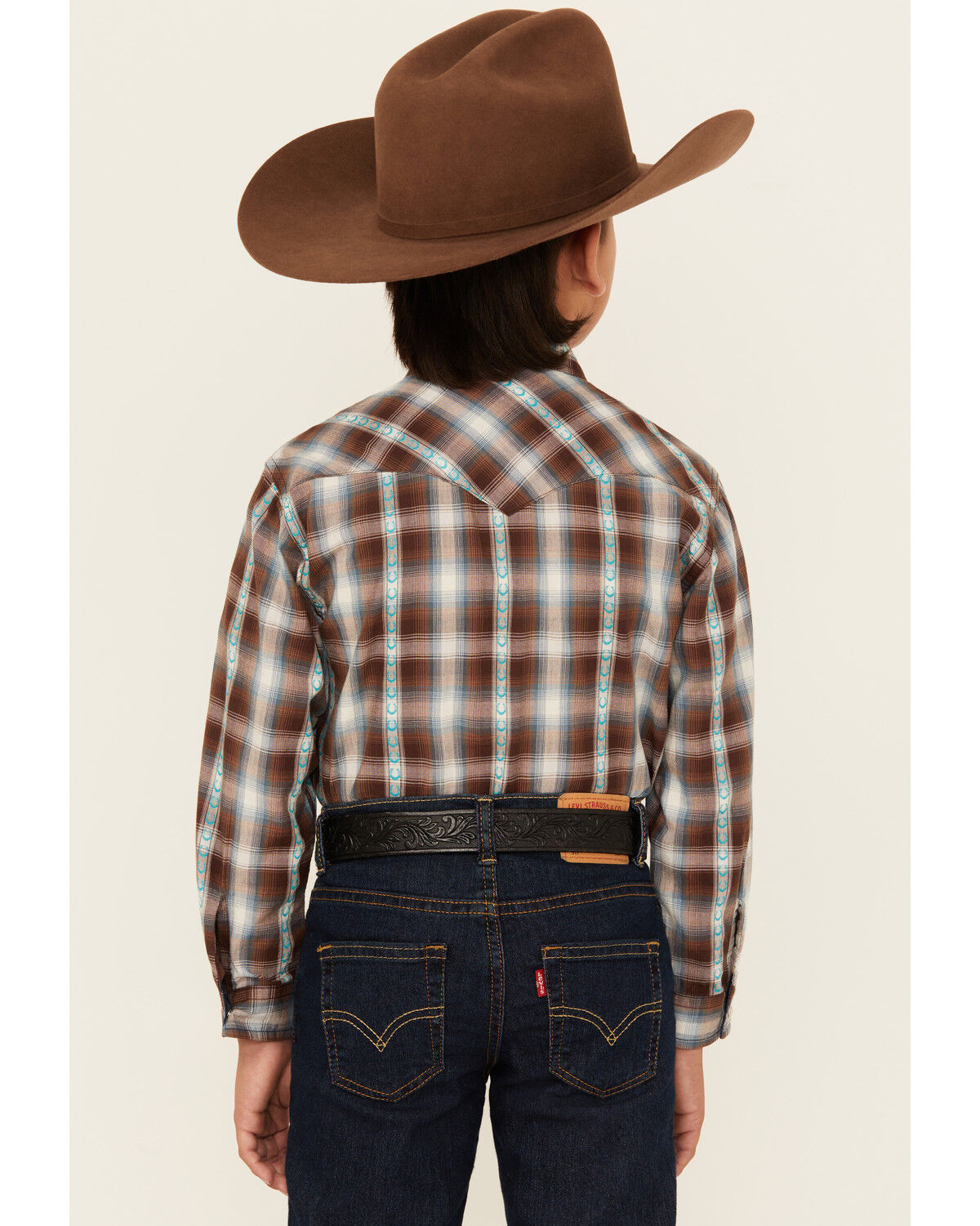 Image #4 - Roper Boys' Plaid Print Horseshoe Long Sleeve Snap Western Shirt, Brown, hi-res