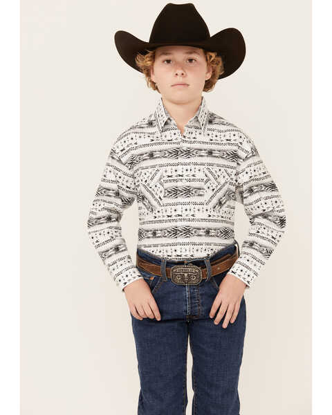 Image #1 - Panhandle Boys' Southwestern Print Long Sleeve Snap Western Shirt , White, hi-res