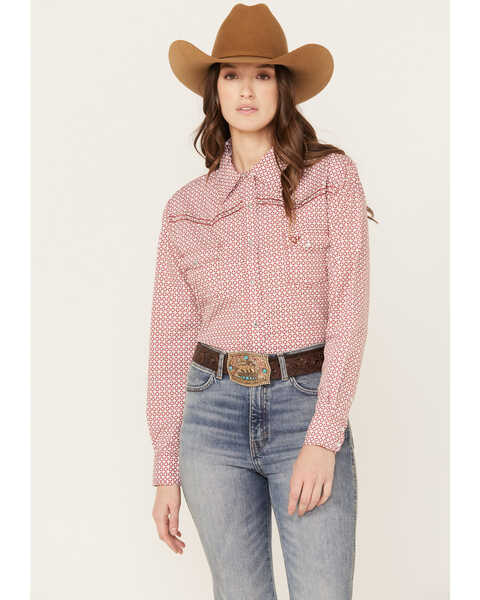 Image #1 - Cowgirl Hardware Women's Geo Print Long Sleeve Western Pearl Snap Shirt, Burgundy, hi-res