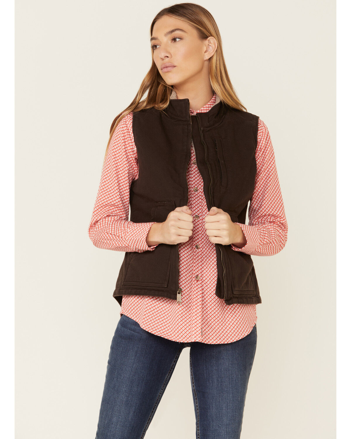 Image #1 - Carhartt Women's Dark Brown Washed Duck Sherpa Lined Vest, Brown, hi-res