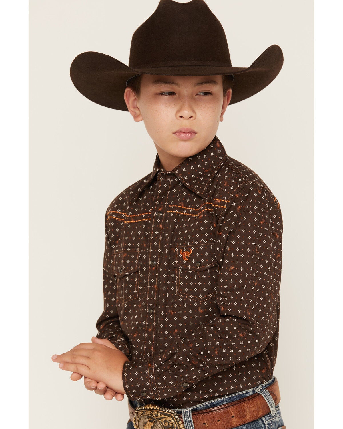 Image #2 - Cowboy Hardware Boys' Geo Print Long Sleeve Snap Western Shirt, Brown, hi-res