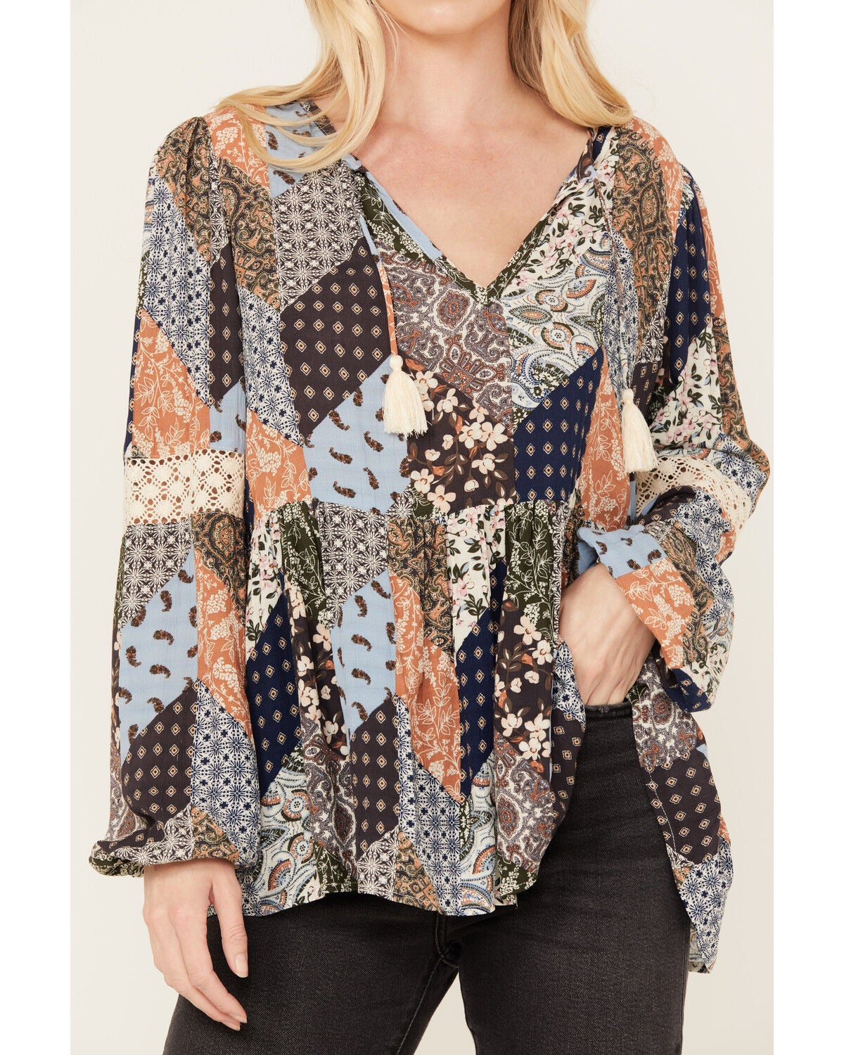 Image #3 - Cleo + Wolf Women's Dobbie Patchwork Top, Blue, hi-res