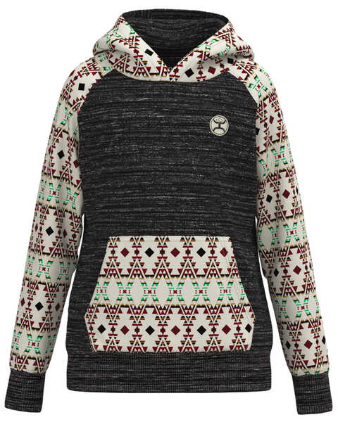 Hooey Girls' Southwestern Print Hooded Sweatshirt, Charcoal, hi-res