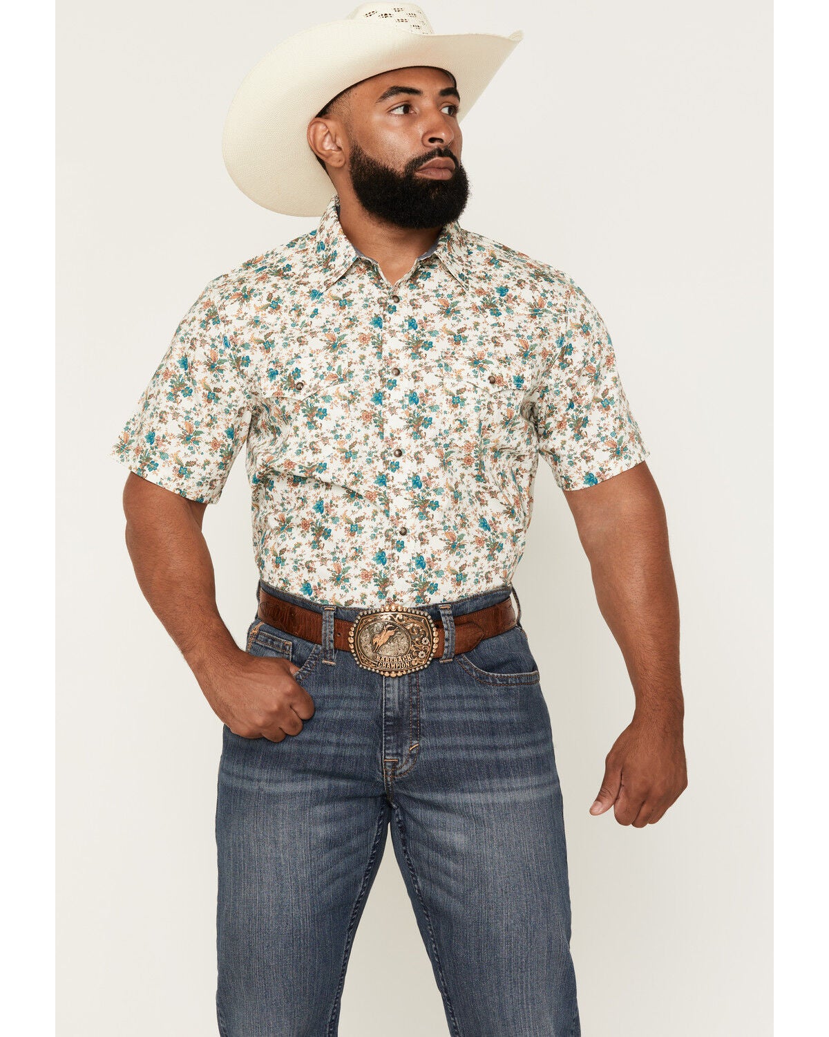 Image #1 - Cody James Men's Blossom Floral Print Short Sleeve Snap Western Shirt, Cream, hi-res
