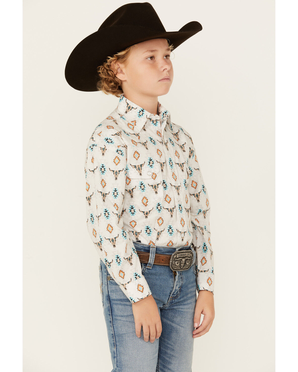 Image #2 - Rock & Roll Denim Boys' Steer Head Southwestern Print Long Sleeve Pearl Snap Stretch Western Shirt, White, hi-res