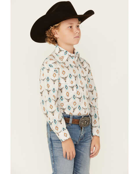 Image #2 - Rock & Roll Denim Boys' Steer Head Southwestern Print Long Sleeve Pearl Snap Stretch Western Shirt , White, hi-res