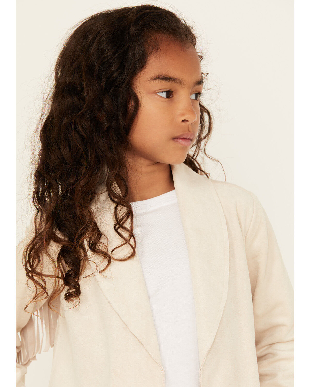 Image #2 - Shyanne Girls' Solid Fringe Open Front Faux Suede Jacket, Natural, hi-res