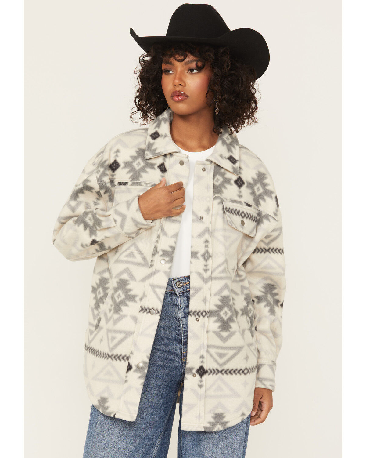 Image #1 - Fornia Women's Southwestern Print Fleece Snap Shacket, Multi, hi-res