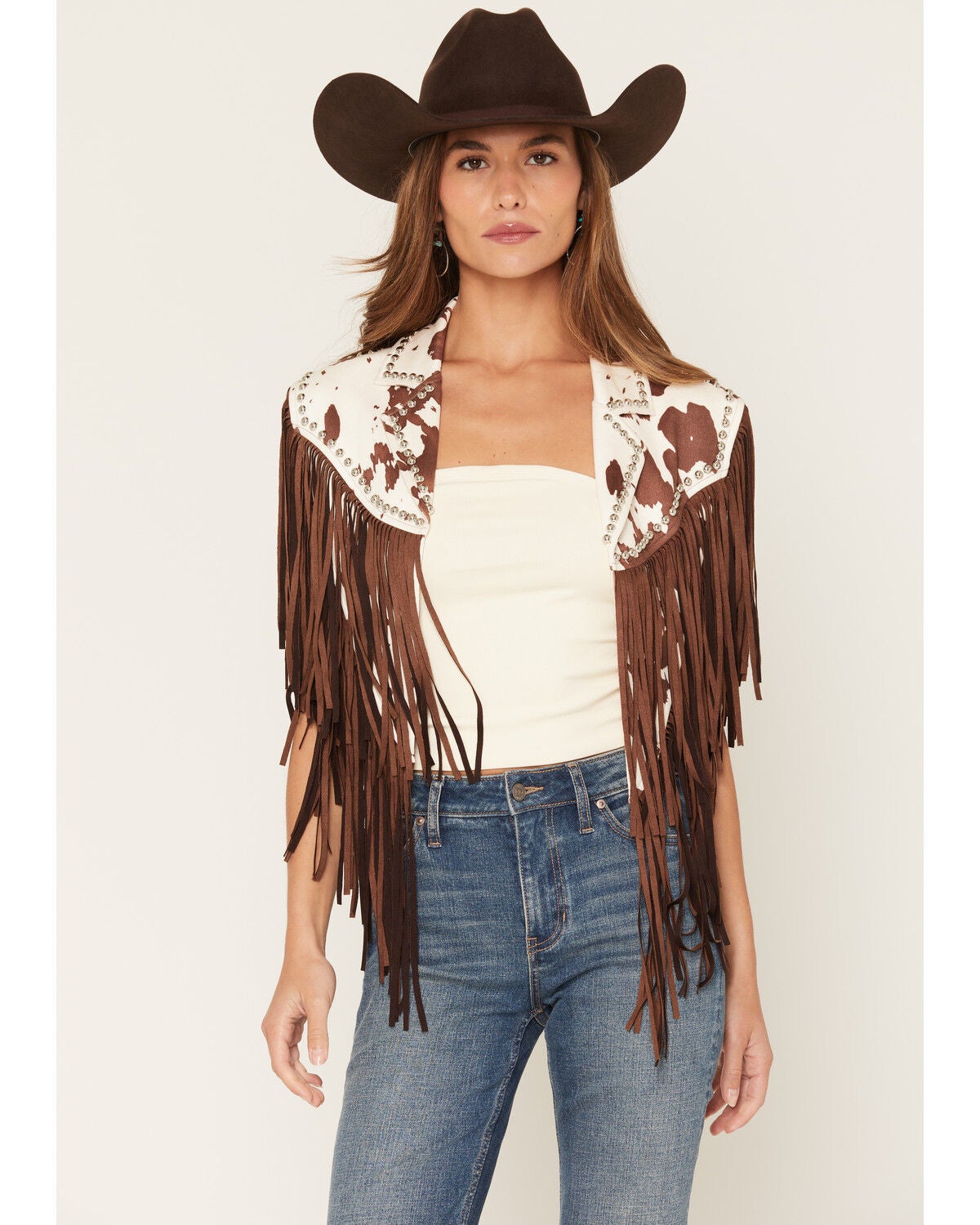 Saints & Hearts Women's Cow Print Studded Fringe Capelet, Brown, hi-res