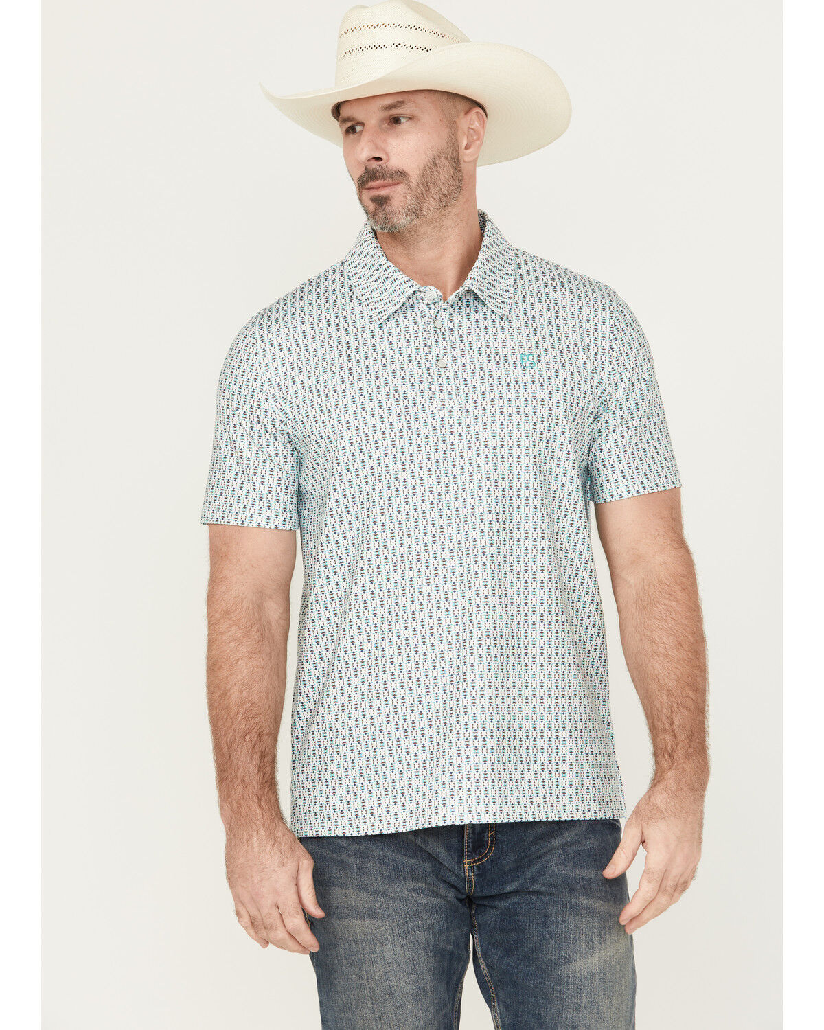 Image #1 - Panhandle Men's Geo Print Short Sleeve Stretch Polo, Aqua, hi-res