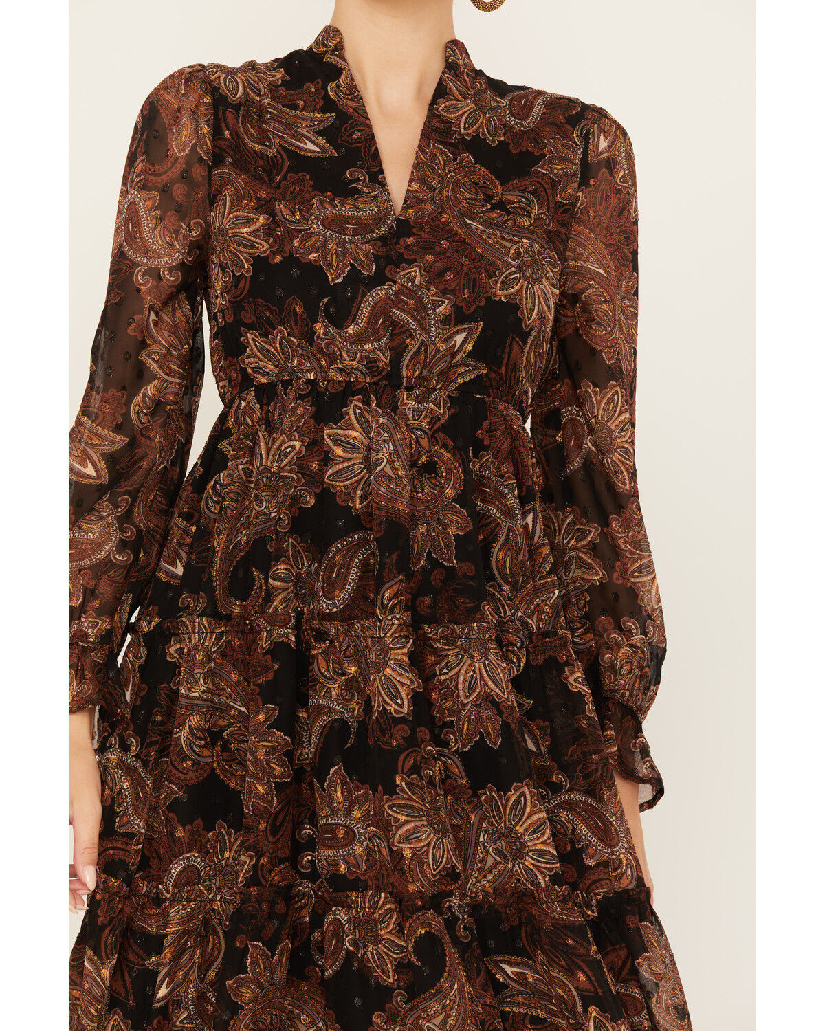 Image #3 - Wild Moss Women's Floral Pais Print Long Sleeve Midi Dress, Dark Brown, hi-res