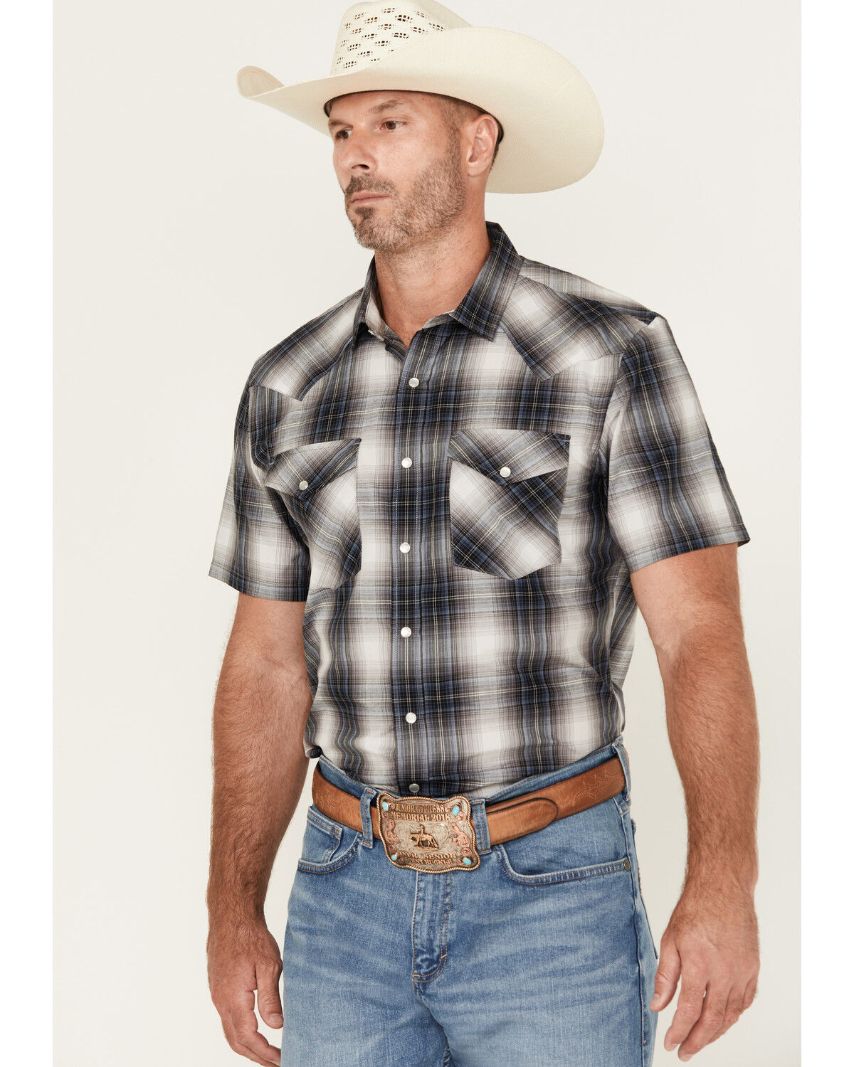 Image #1 - Pendleton Men's Boot Barn Exclusive Frontier Plaid Print Short Sleeve Pearl Snap Western Shirt, Charcoal, hi-res