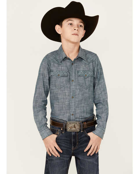 Cody James Boys' Hotspot Twill Print Long Sleeve Snap Western Shirt , Blue, hi-res