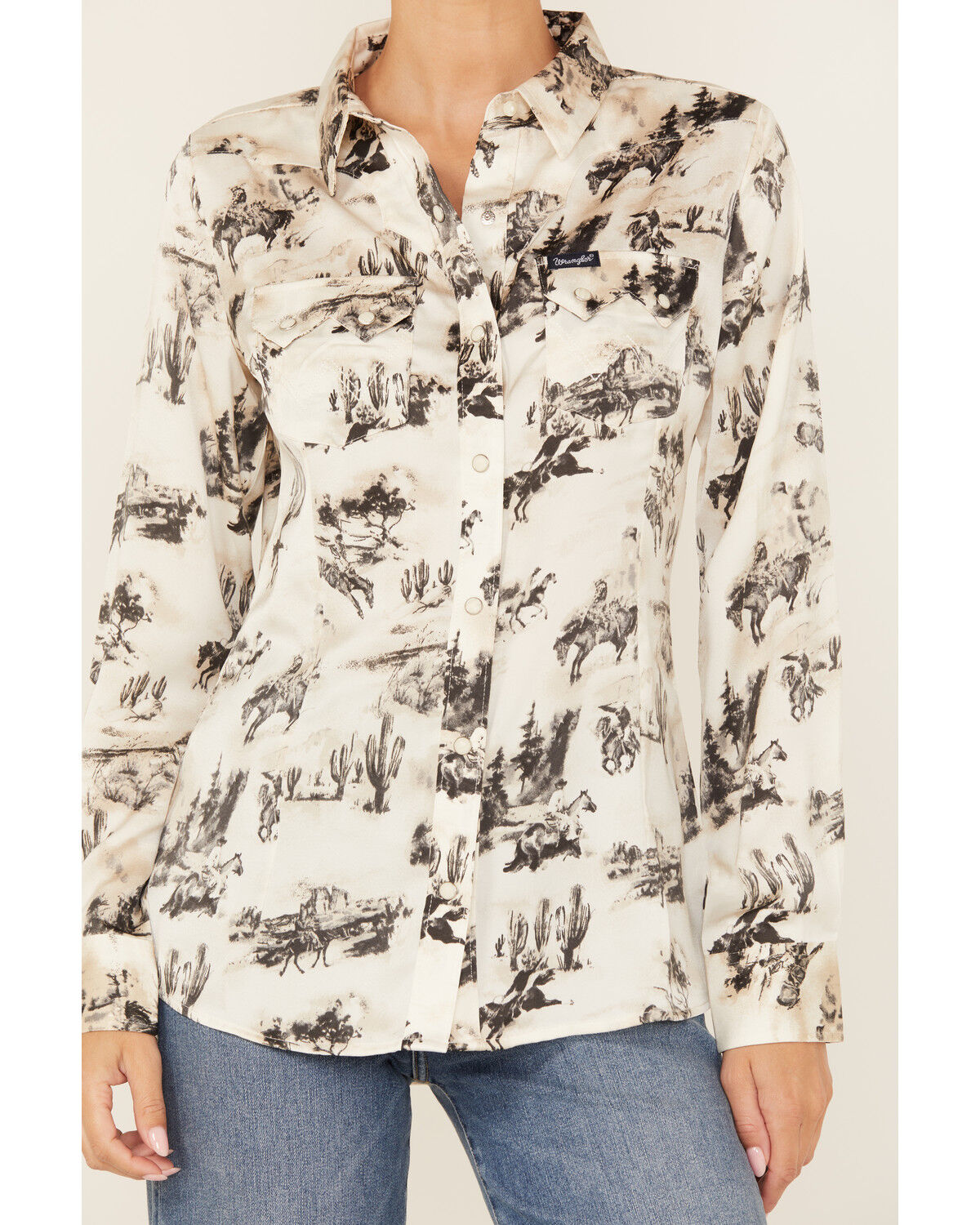 Image #3 - Wrangler Retro Women's Horse Cactus Print Long Sleeve Snap Western Shirt, White, hi-res