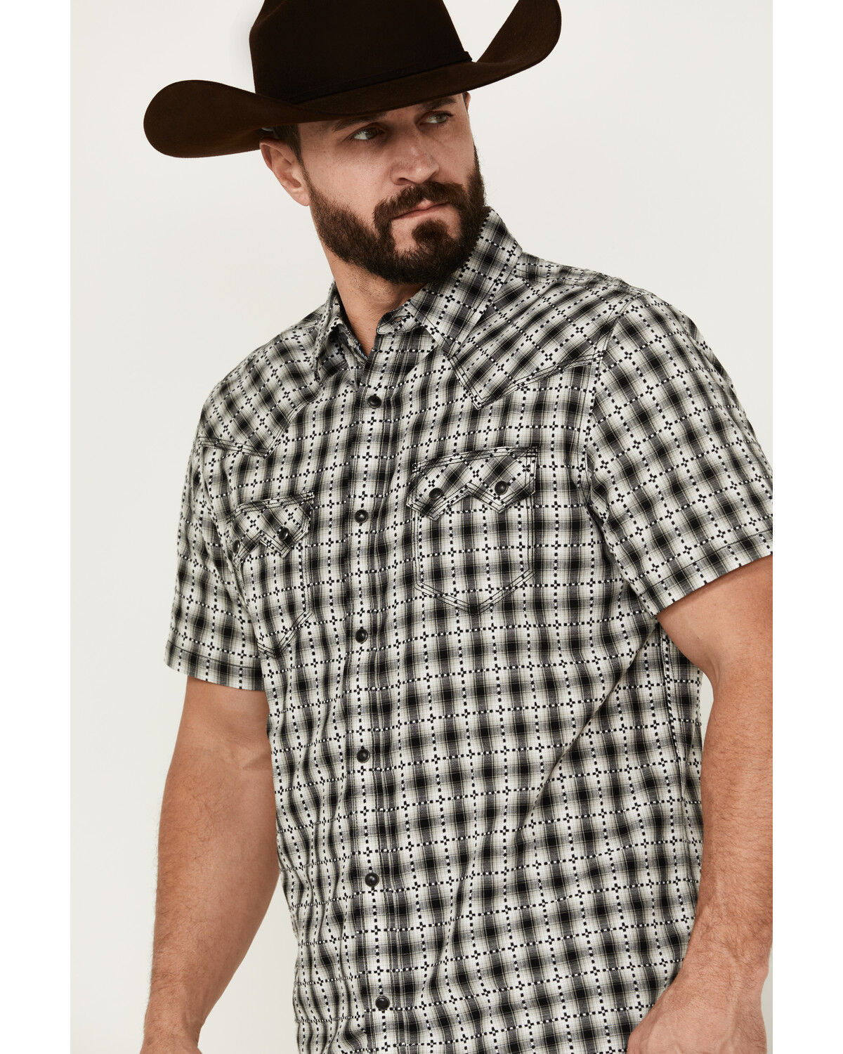 Image #2 - Moonshine Spirit Men's Classic Plaid Print Short Sleeve Snap Western Shirt, Black, hi-res