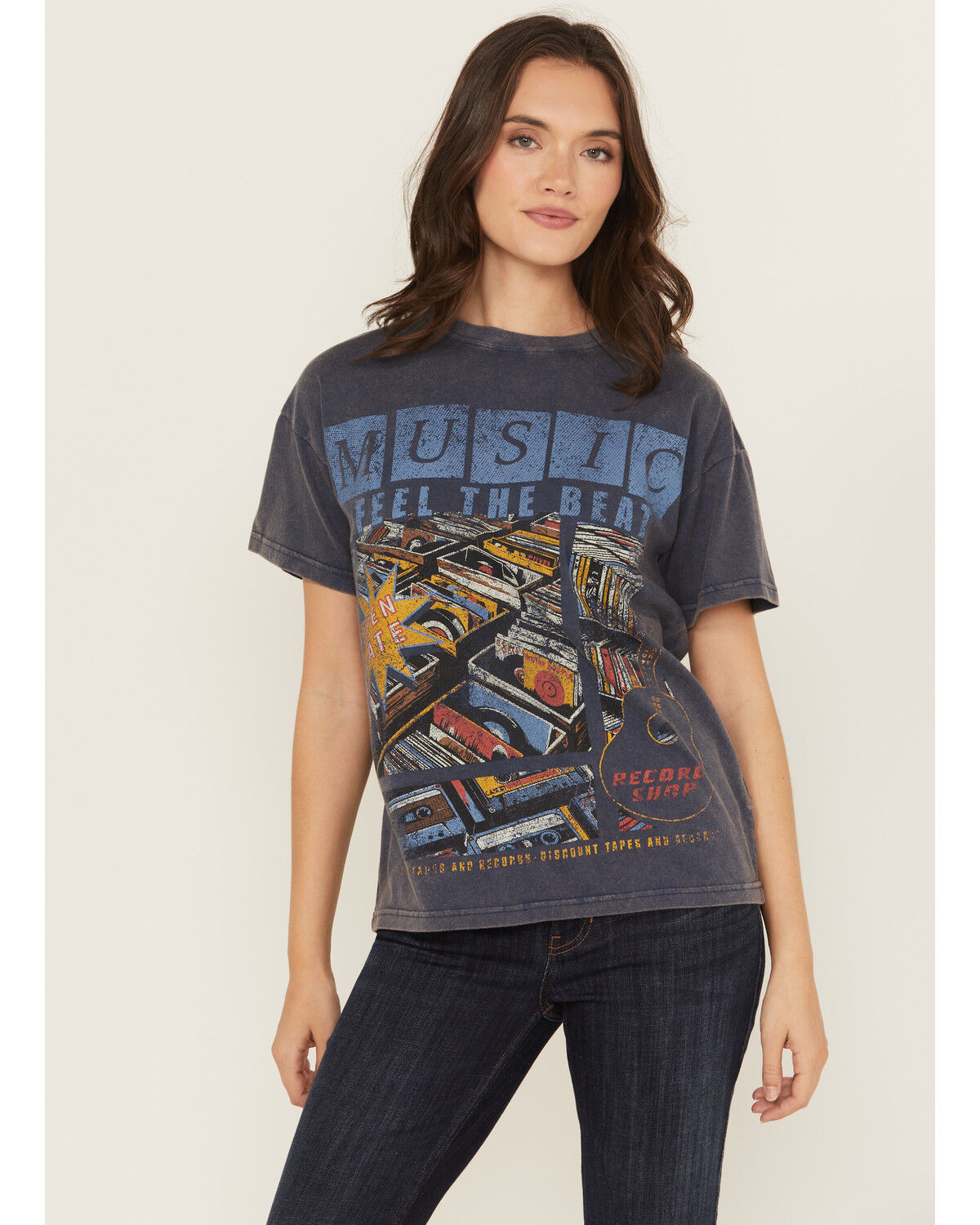 Image #1 - Cleo + Wolf Women's Elliot Record Short Sleeve Boyfriend Graphic Tee, Navy, hi-res