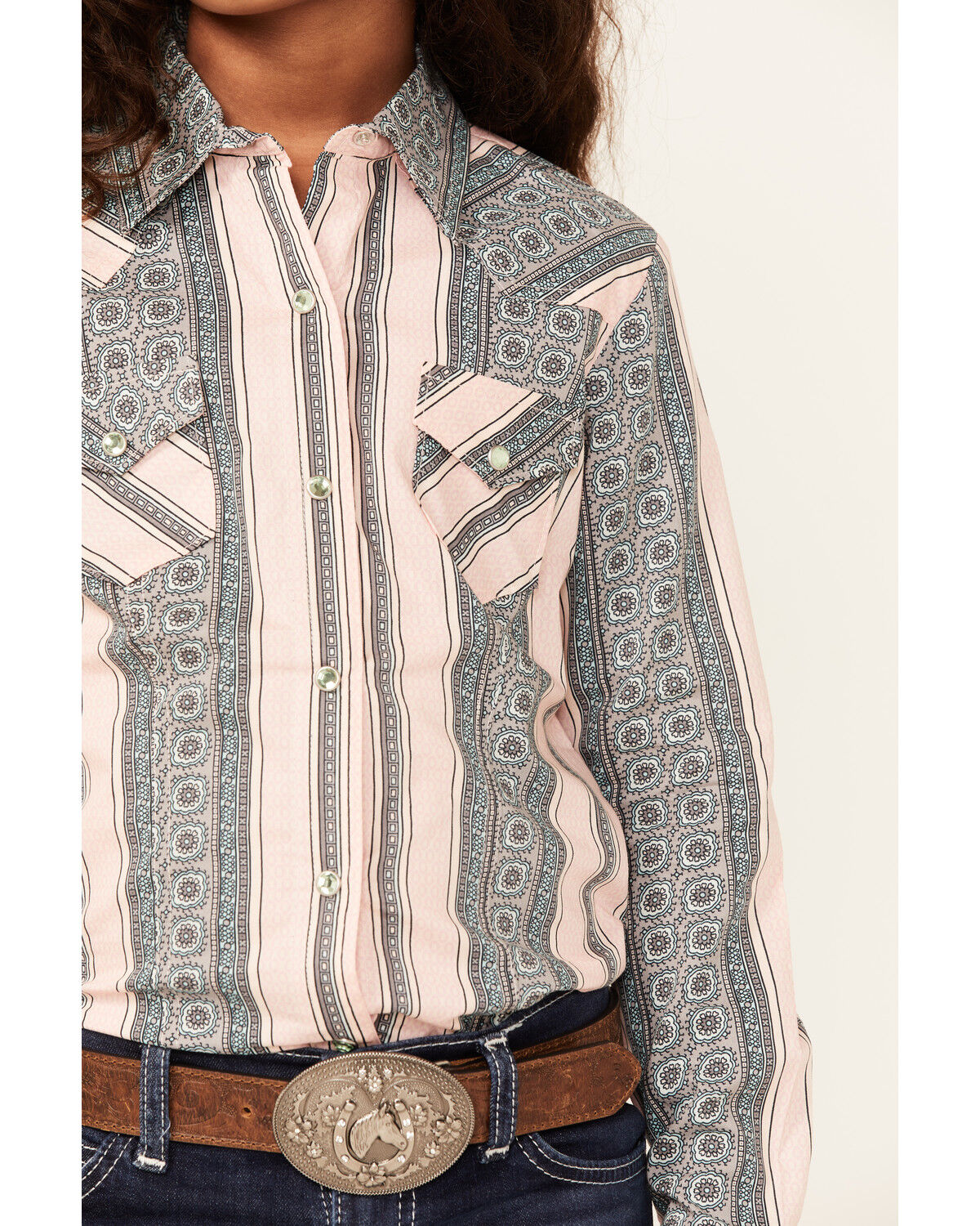 Image #2 - Cruel Girl Girls' Medallion Stripe Long Sleeve Snap Western Shirt, Pink, hi-res