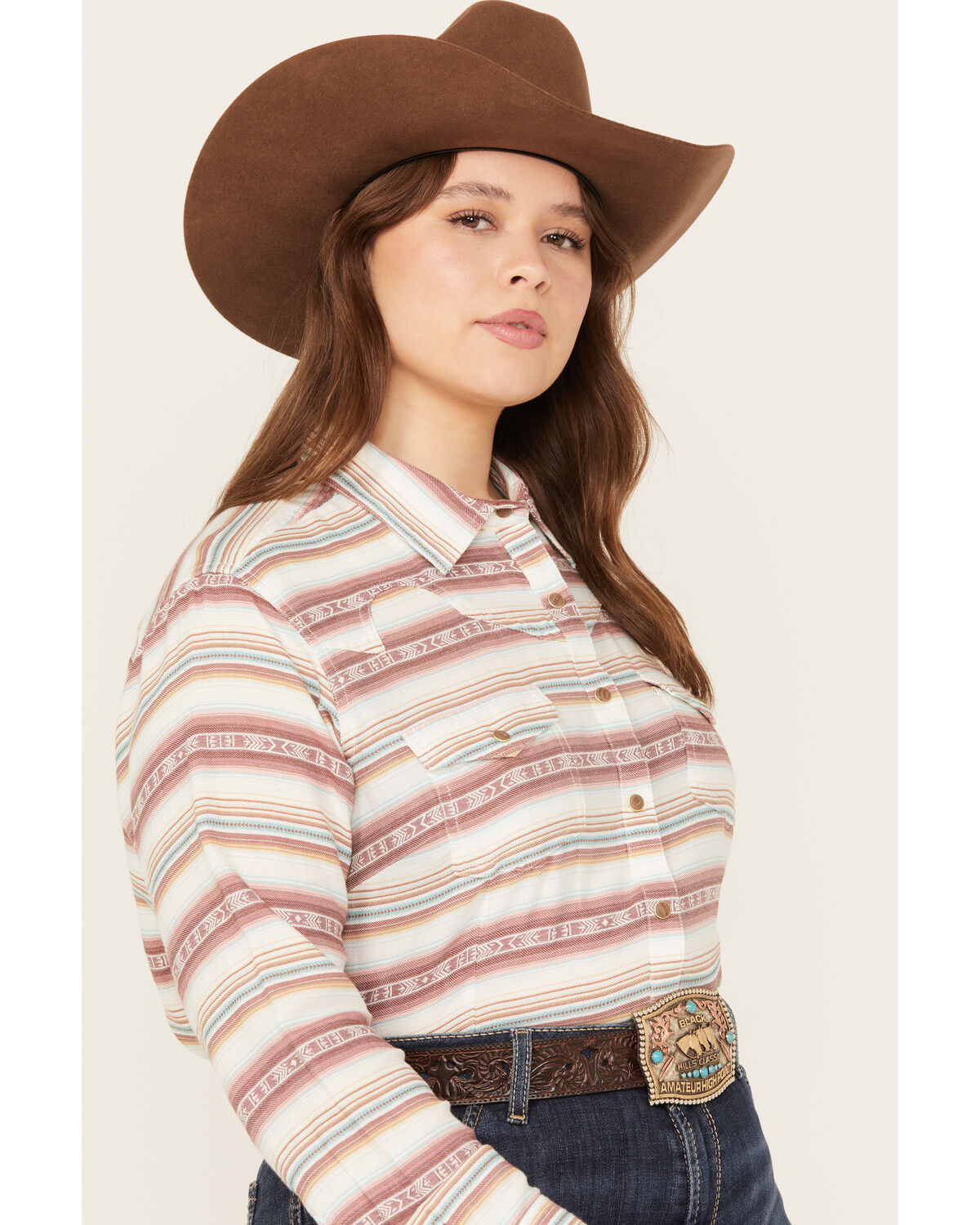 Image #2 - Ariat Women's Serape Jacquard Print Long Sleeve Snap Western Shirt - Plus, Rose, hi-res