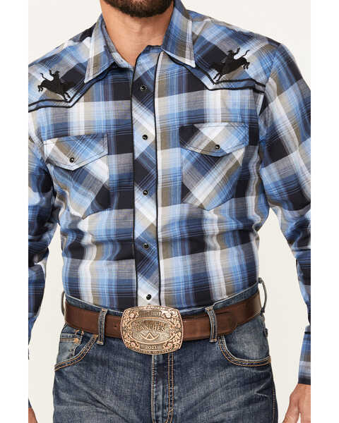 Image #3 - Roper Men's Plaid Print Embroidered Long Sleeve Snap Western Shirt, Blue, hi-res
