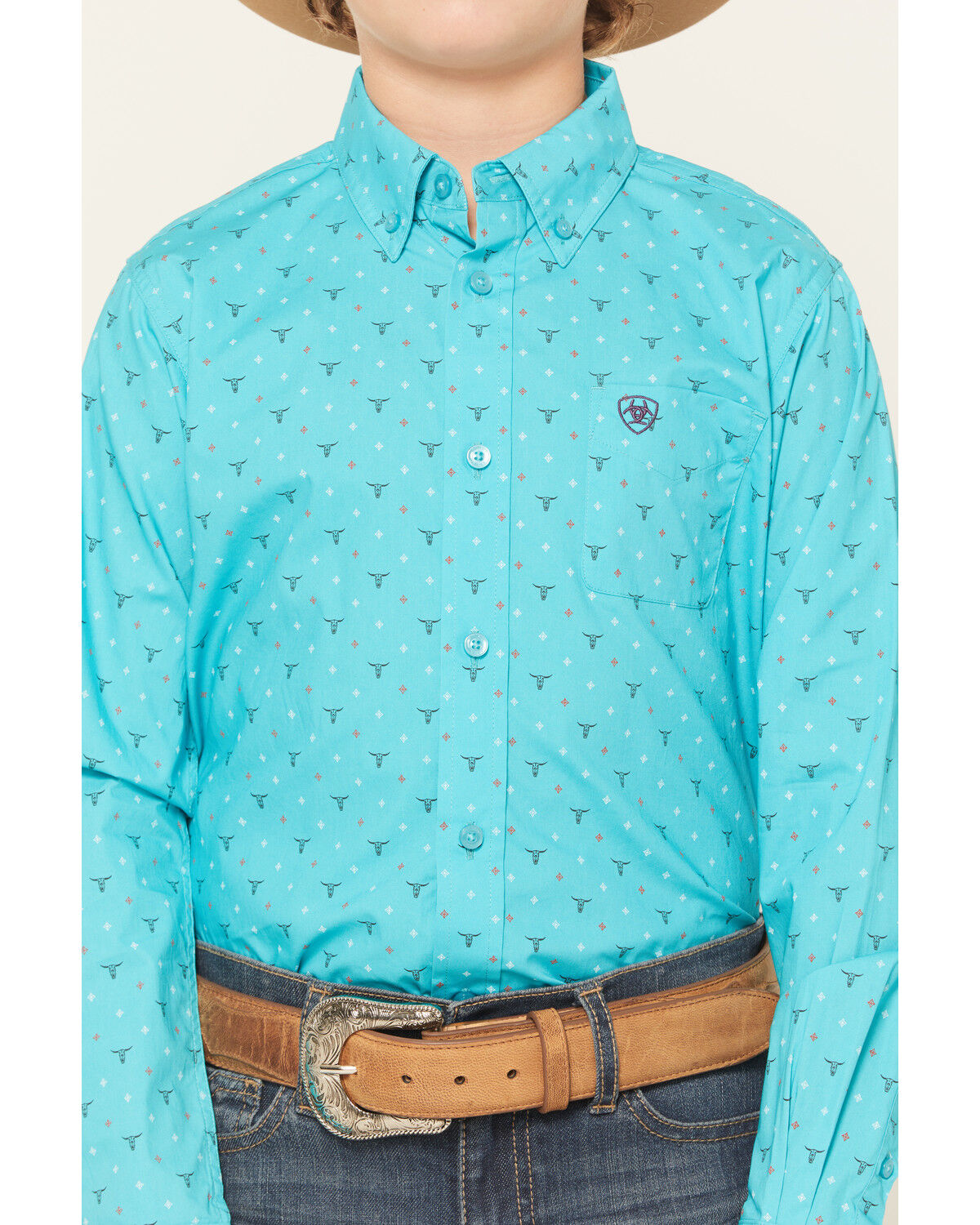 Image #3 - Ariat Boys' Steer Print Long Sleeve Button-Down Western Shirt, Blue, hi-res