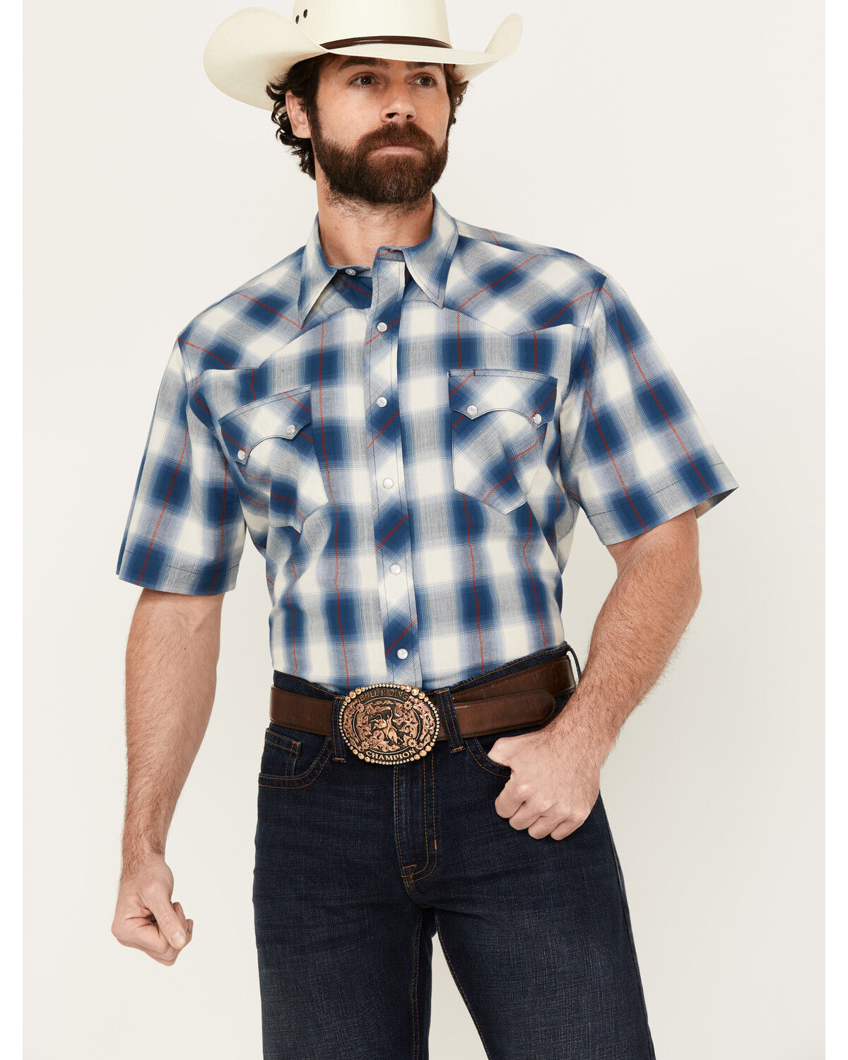 Image #1 - Roper Men's West Made Plaid Print Short Sleeve Snap Western Shirt, Blue, hi-res
