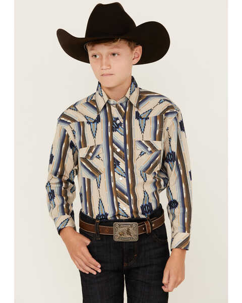Rock & Roll Denim Boys' Southwestern Striped Print Long Sleeve Vintage Snap Western Shirt, Tan, hi-res