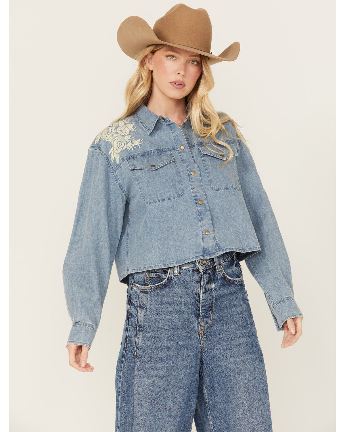 Image #1 - Cleo + Wolf Women's Medium Wash Cropped Denim Shirt, Medium Wash, hi-res