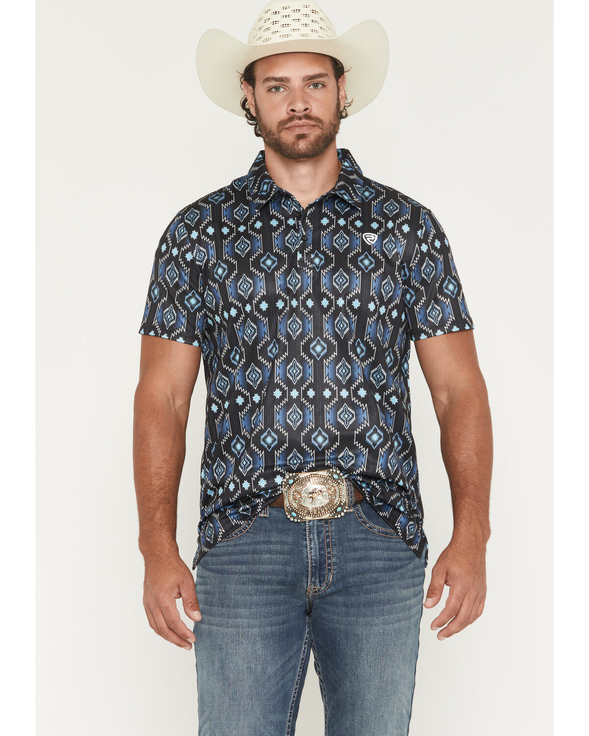 Image #1 - Rock & Roll Denim Men's Southwestern Print Short Sleeve Button-Down Stretch Polo Shirt, Blue, hi-res