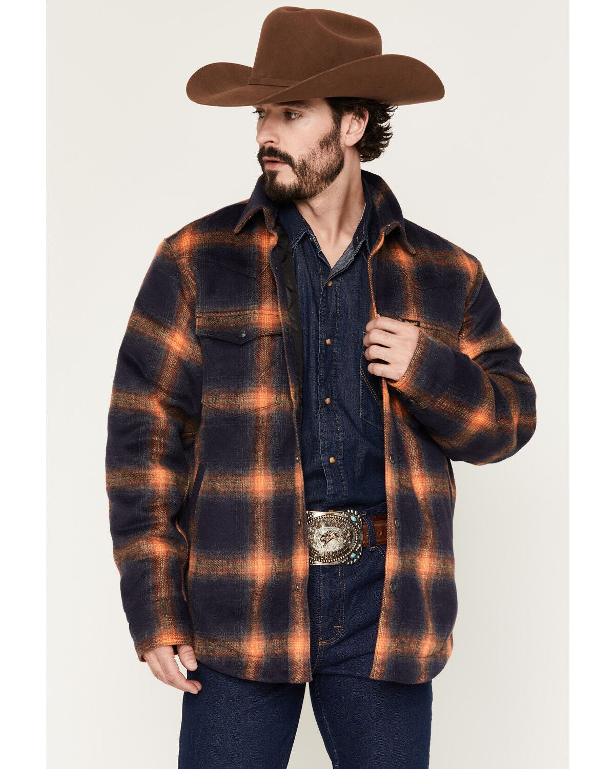 Wrangler Men's Plaid Print Quilt Lined Snap Shirt Jacket, Navy, hi-res