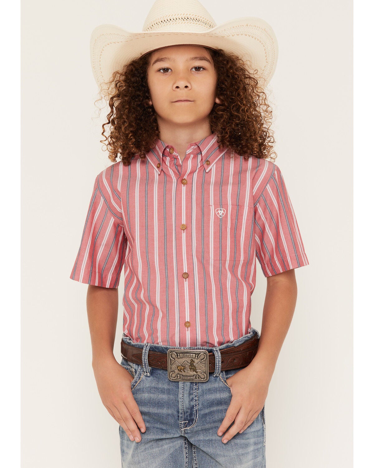 Image #1 - Ariat Boys' Striped Short Sleeve Button-Down Western Shirt, Red, hi-res