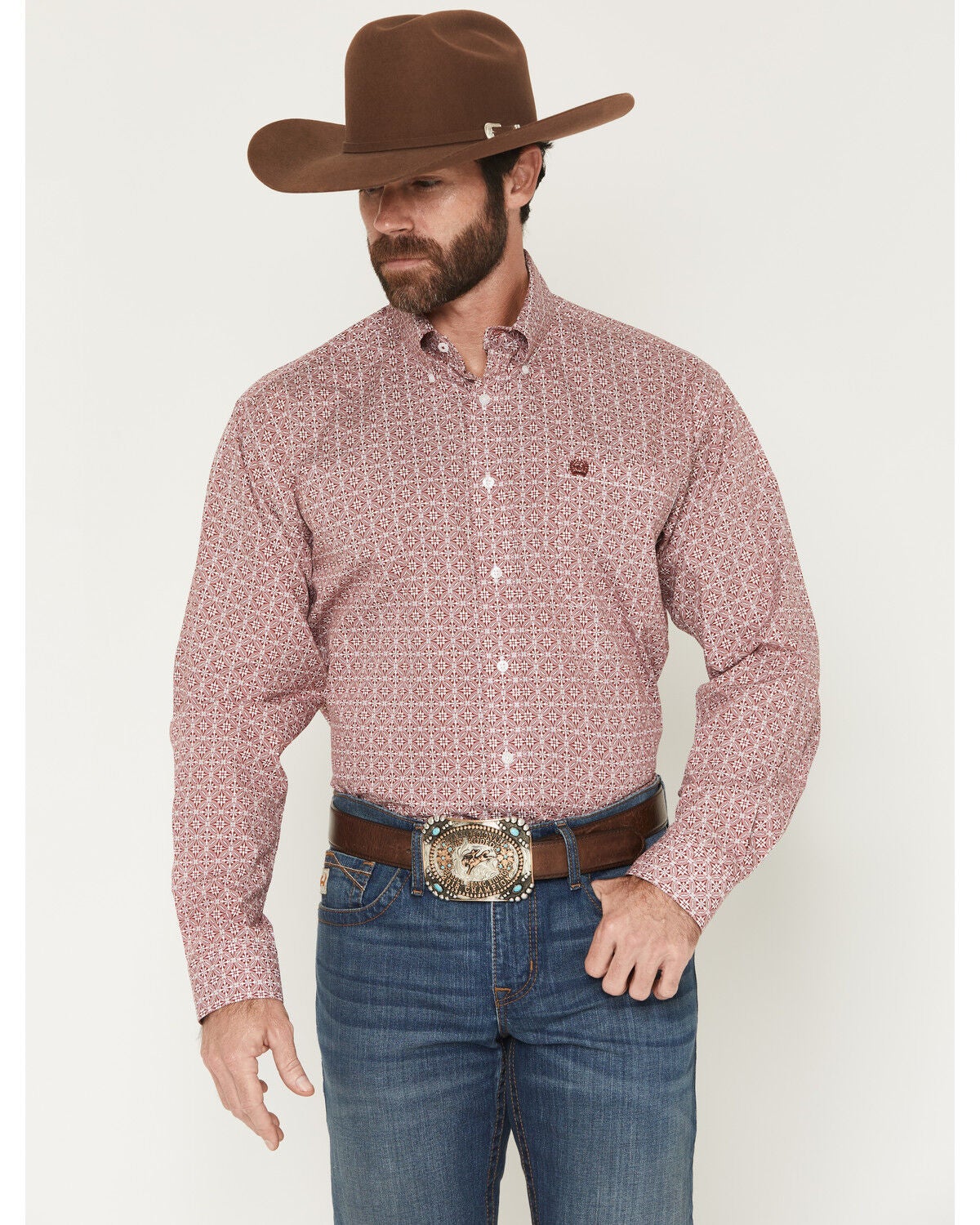 Image #1 - Cinch Men's Medallion Print Long Sleeve Button-Down Western Shirt, Red, hi-res