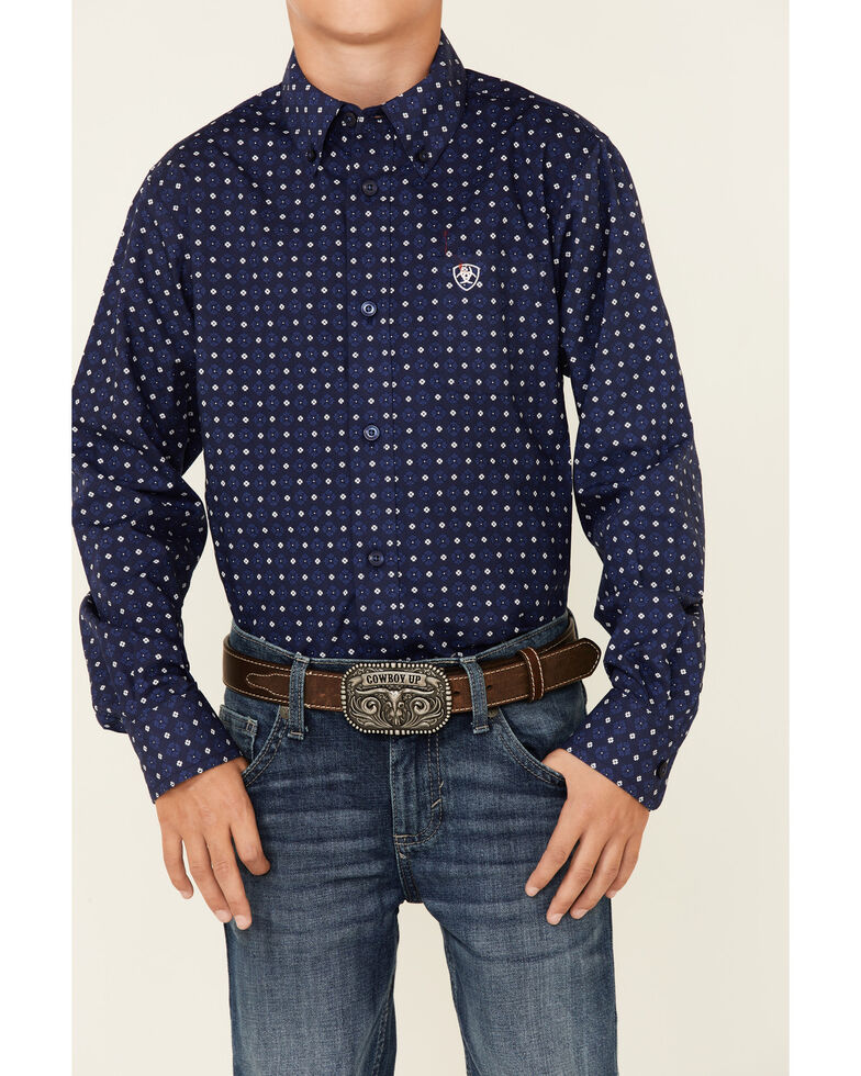 Ariat Boys' Bedell Geo Print Long Sleeve Button-Down Western Shirt , Blue, hi-res