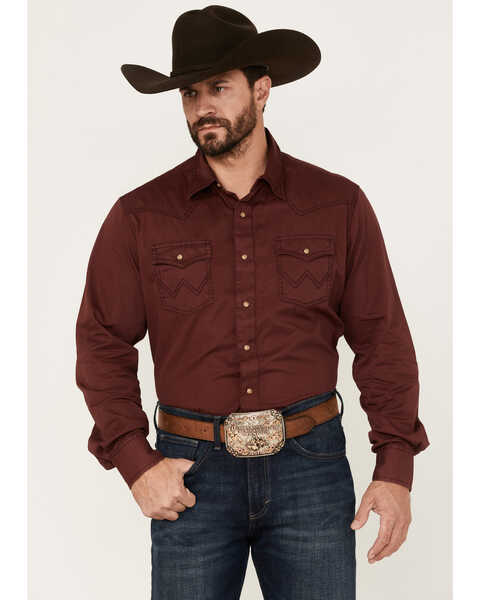 Image #1 - Wrangler Retro Men's Premium Solid Long Sleeve Snap Western Shirt , Wine, hi-res
