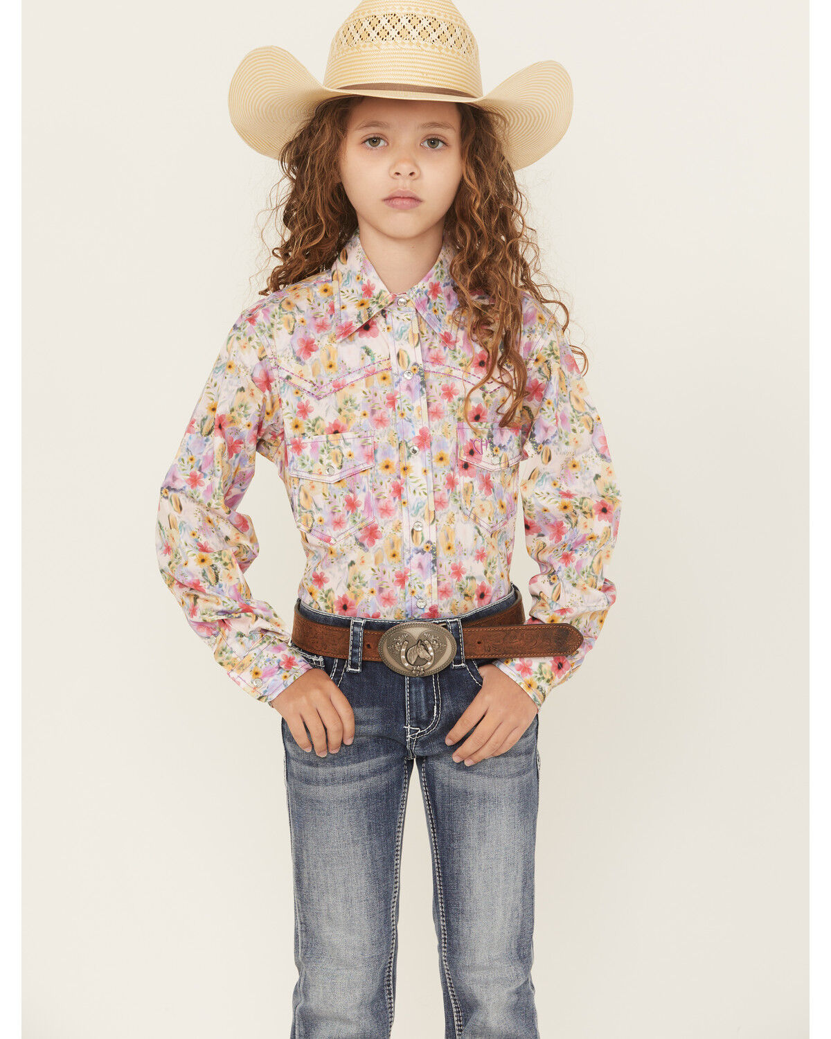 Image #1 - Cowgirl Hardware Girls' Floral Print Long Sleeve Rhinestone Snap Stretch Western Shirt, Pink, hi-res