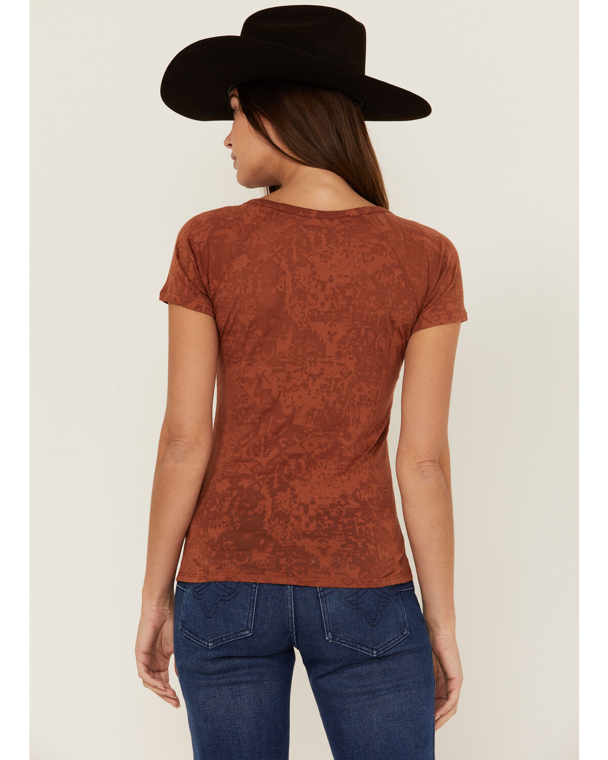 Image #3 - RANK 45® Women's Southwestern Burnout Henley Tee, Rust Copper, hi-res