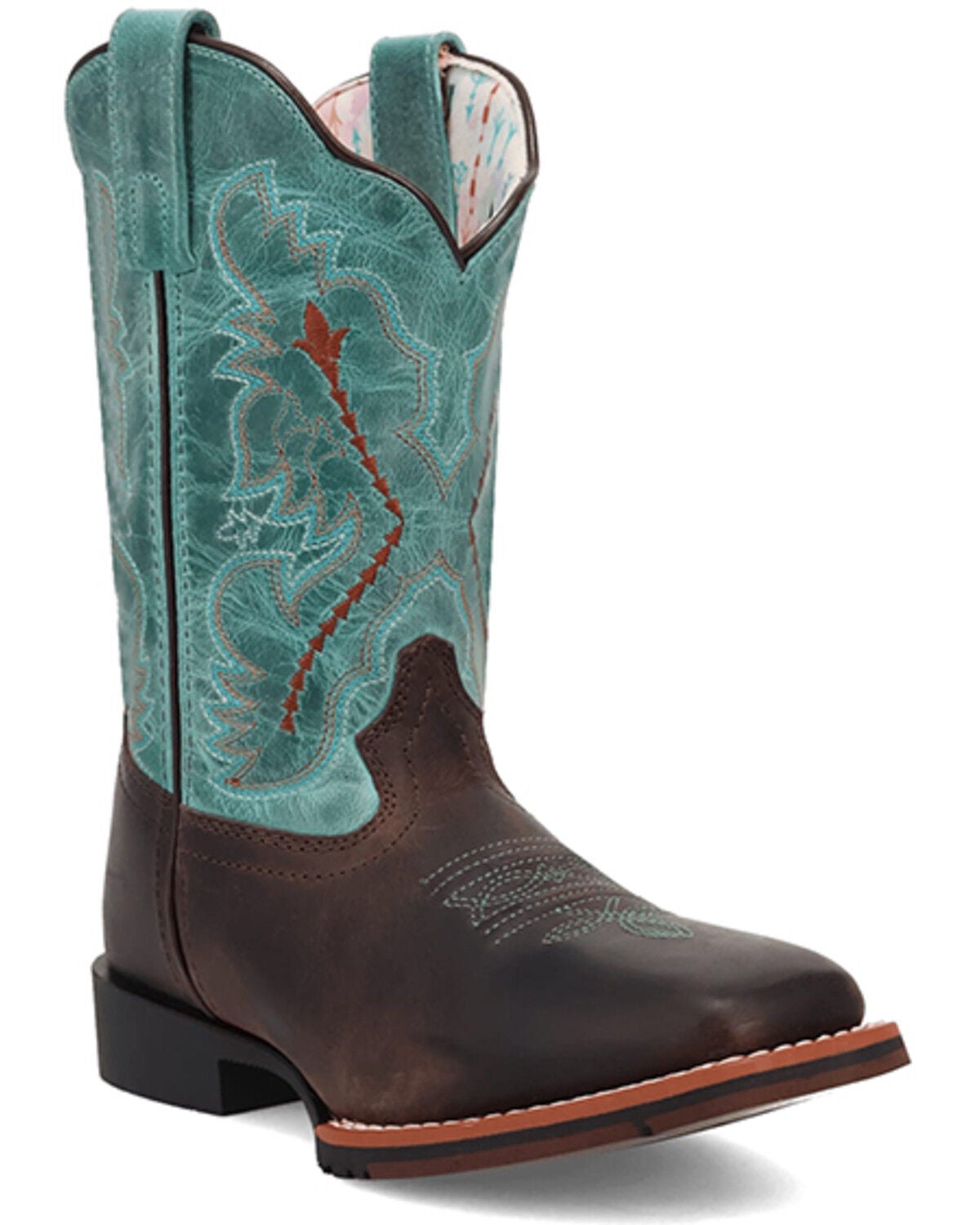 Dan Post Little Girls' Salina Western Boots - Broad Square Toe, Chocolate/turquoise, hi-res