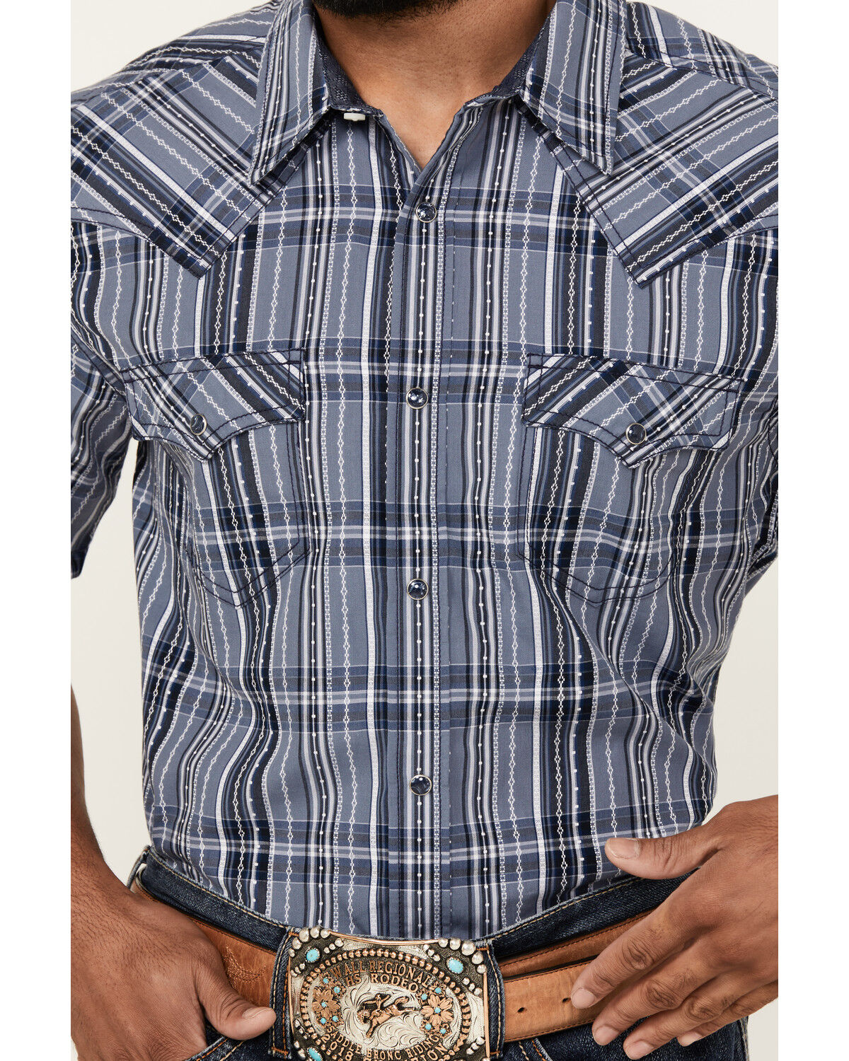 Image #3 - Cody James Men's Blue Lights Plaid Print Short Sleeve Snap Western Shirt, Light Blue, hi-res