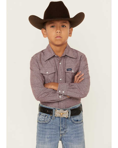 Wrangler Boys' Classic Fit Long Sleeve Snap Western Shirt, Burgundy, hi-res