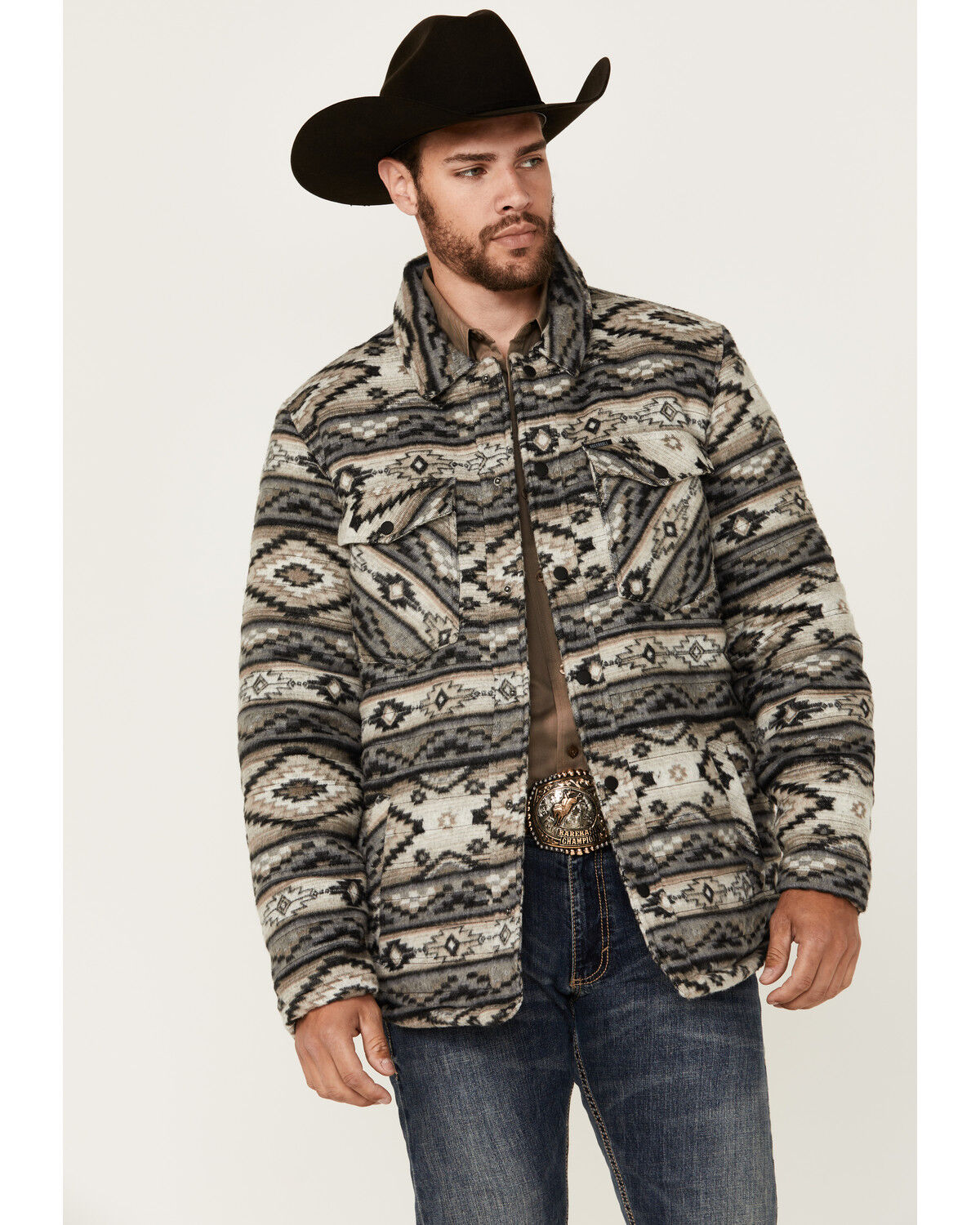 Image #1 - Rock & Roll Denim Men's Southwestern Quilted Snap Jacket, Taupe, hi-res